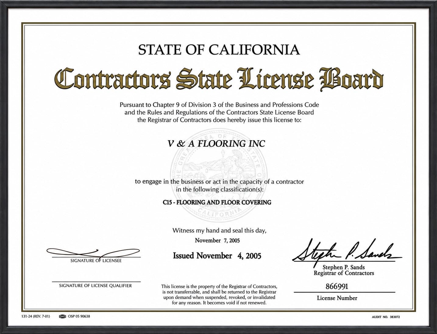 Original 2005 California Contractors State License Board certificate for V & A Flooring Inc, license number 866991, C15 flooring and floor covering