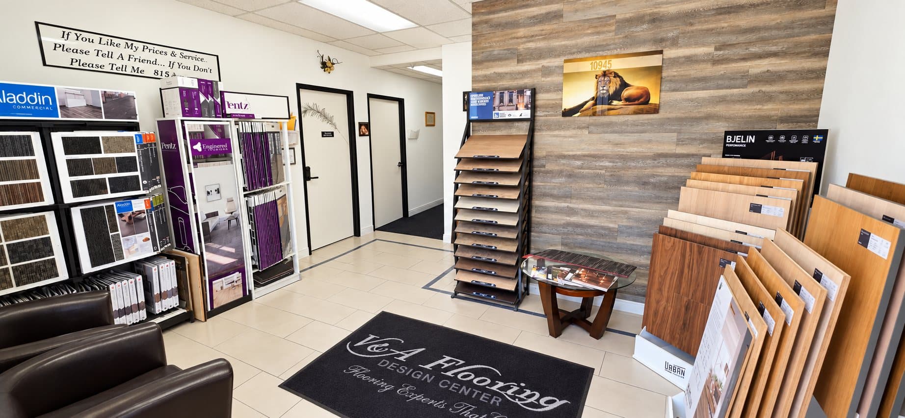 Reception area of the V & A Flooring Inc design center with flooring sample displays