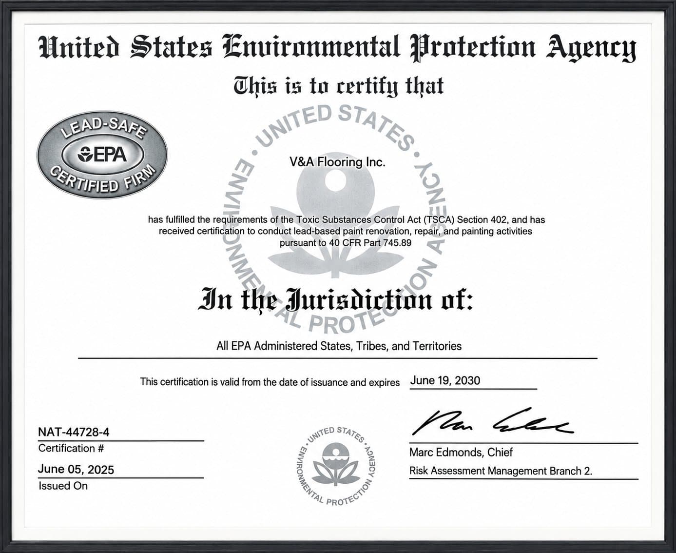 U.S. EPA Lead-Safe Certified Firm certificate for V&A Flooring Inc., certification number NAT-44728-4, issued June 5, 2025, expiring June 19, 2030