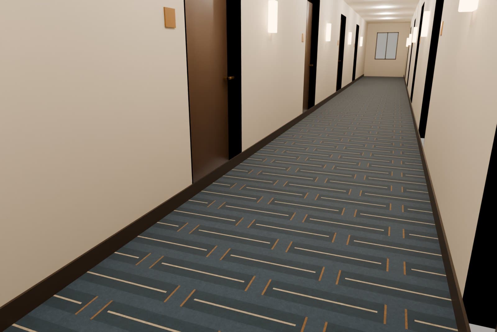 Patterned carpet in a hotel corridor, viewed toward a window at the far end