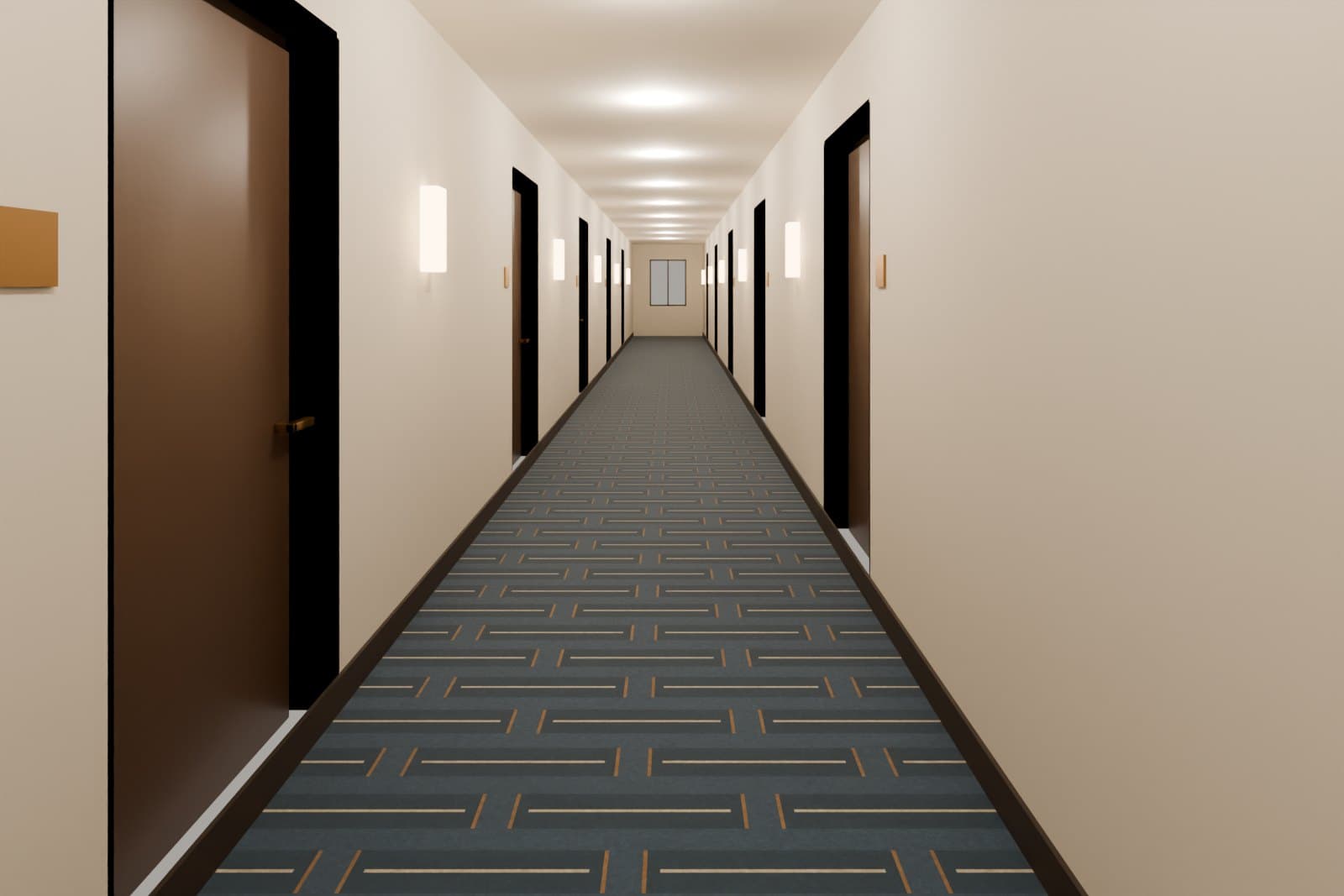 Hotel guest corridor with patterned carpet running between rows of room doors