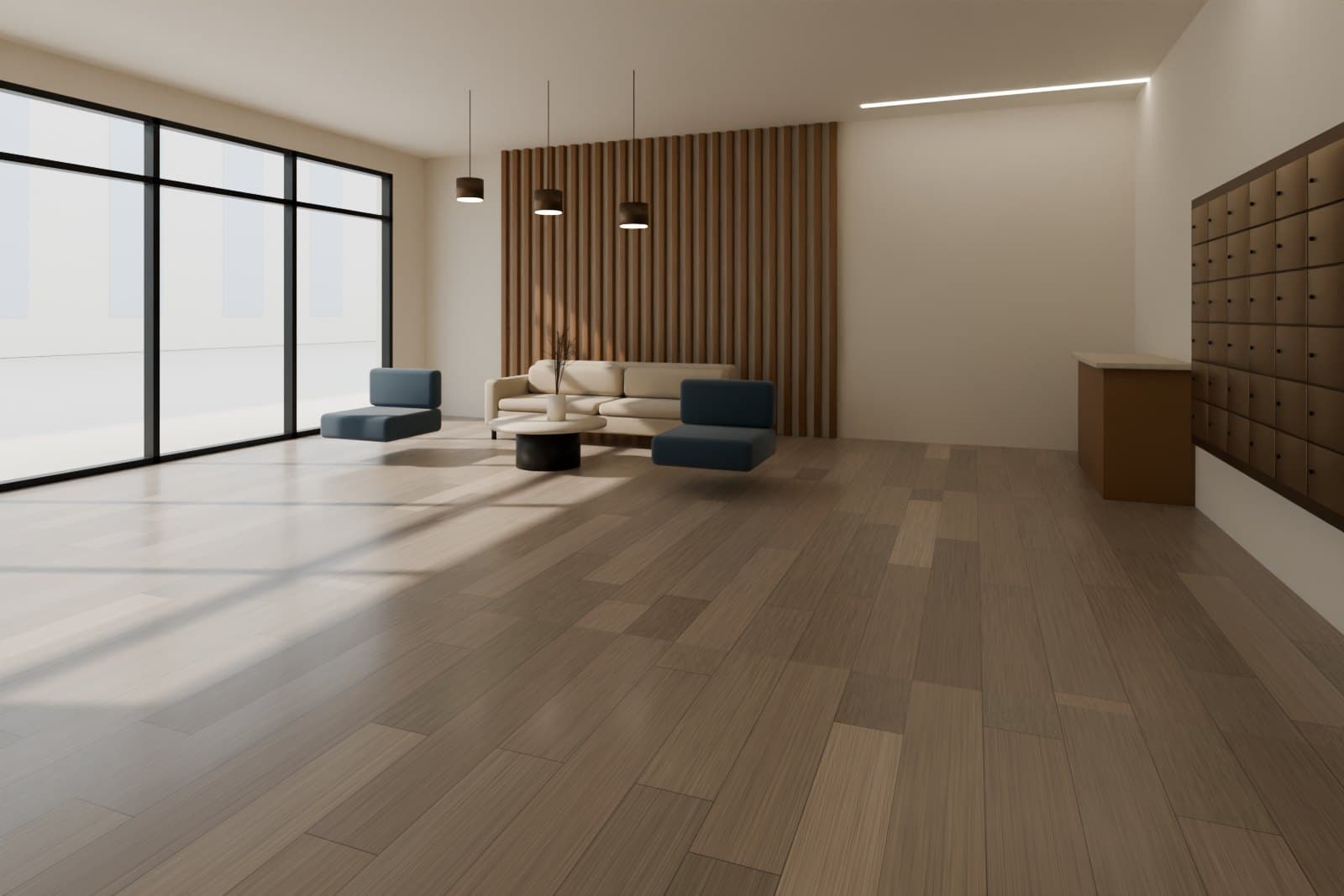 Apartment building lobby with long wood-look planks, lounge seating and resident mailboxes