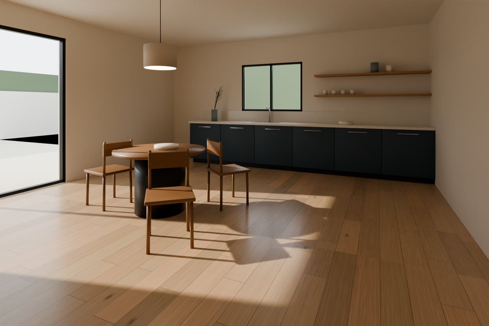 Compact ADU kitchen and dining area with pale oak plank flooring