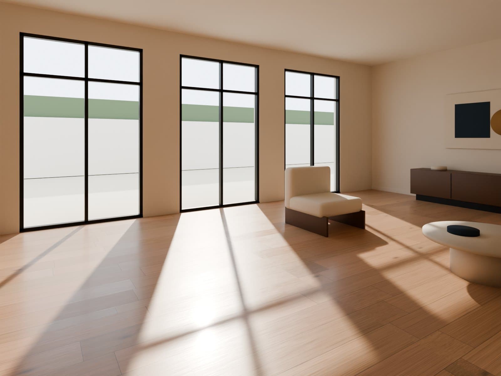 Oak plank floor in a living room with sunlight streaming through tall windows