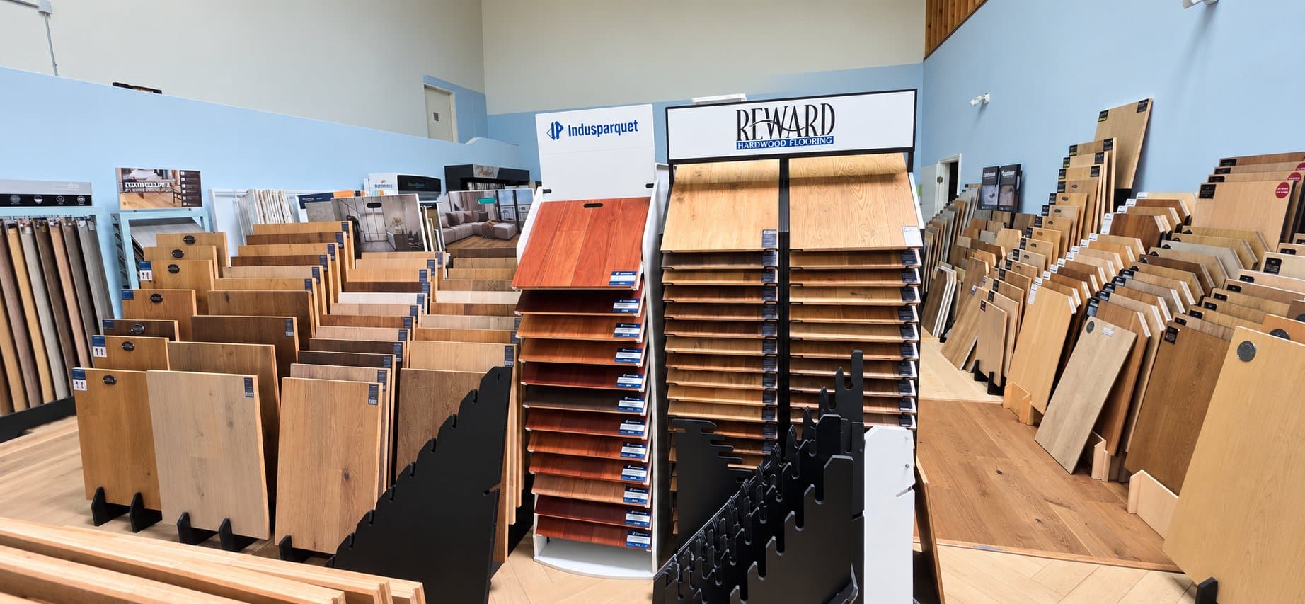 Hardwood flooring sample displays in the V & A Flooring Inc showroom