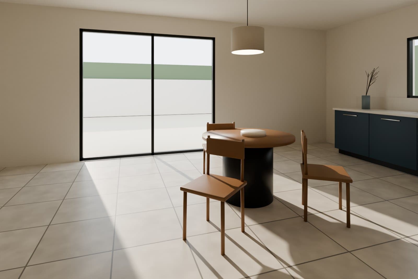 Dining area and kitchen with large porcelain floor tiles beside a sliding glass door